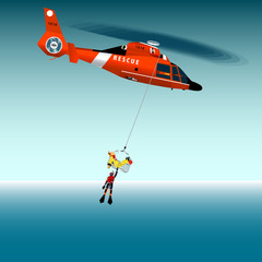 Vector illustration. Red rescue helicopter and fishermen at sea. Air rescue basket. Flying lifeguard. The collapse of the sea. Rescue at sea. © VVVDALLAS