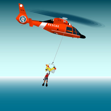 Vector illustration. Red rescue helicopter and fishermen at sea. Air rescue basket. Flying lifeguard. The collapse of the sea. Rescue at sea.