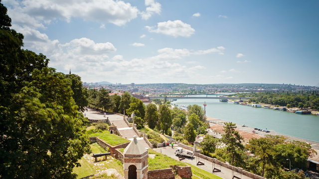 Belgrade daytime time lapse with river Sava from kalamegdan. Smooth pan. Belgrade Serbia