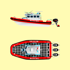 Vector illustration. Red rescue boat on the water. Left side. Top view. Saving water. Isolated objects.