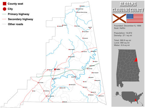 Large and detailed map and infos about Cleburne County in Alabama.