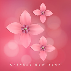 Fototapeta na wymiar Chinese new year greeting card with pink paper flowers, vector