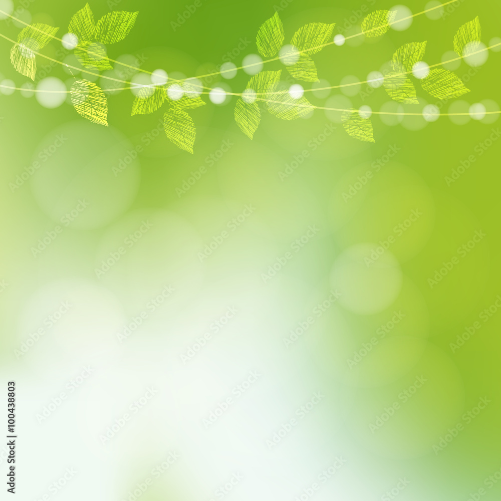 Wall mural spring background with leaves and bokeh lights, vector