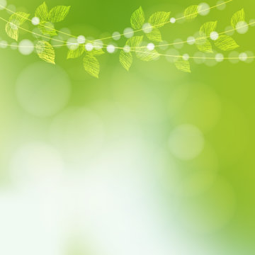 Spring  background with  leaves and bokeh lights, vector