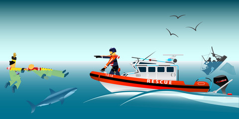 Vector illustration. Rescue boat and fishermen at sea. The collapse of the sea. A sinking ship. Shark. Fishing net. Rescue at sea. Lifeguard boat. Swimmer.