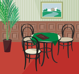 Traditional romantic cafe. Interior of the restaurant. Reservation. Lounge bar. Simple cartoon vector illustration.