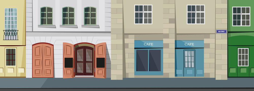 Small panorama street in the historic town. Simple cartoon vector illustration.