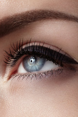 Close-up macro of beautiful female eye with perfect shape eyebrows. Clean skin, fashion naturel make-up. Good vision
