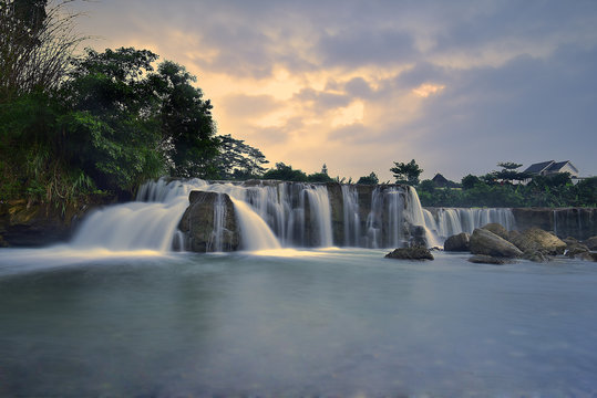 Curug Parigi waterfall at sunrise, Bekasi, West Java, Indonesia