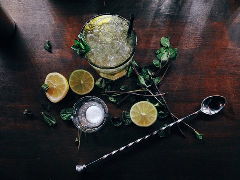 Overhead view of a Fresh mojito on bartop