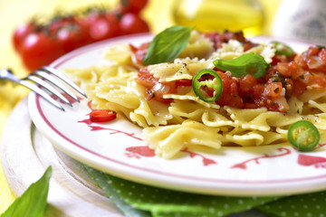 Pasta farfalle with tomato sauce.