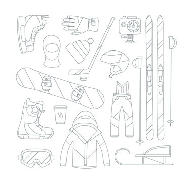 Winter sports objects, equipment collection, vector icons, flat