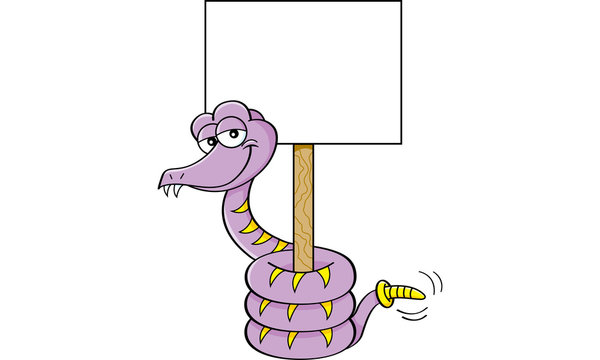 Cartoon illustration of a snake holding a sign.