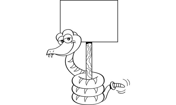 Black and white illustration of a snake holding a sign.