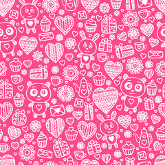 Valentine's day background. Seamless pattern with doodle love, heart, flower, letter, panda, rabbit, teapot, cup, cakes.