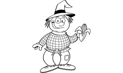 Black and white illustration of a scarecrow holding an ear of corn.