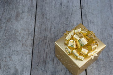 Top view of Gift box on wood background