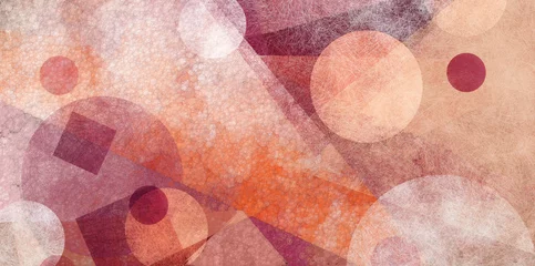 abstraktes modernes geometrisches Hintergrunddesign mit verschiedenen Texturen und Formen, schwebende Kreise, Quadrate, Diamanten und Dreiecke in orange-weißen und weinroten rosa Farben, künstlerisches Kompositionslayout © Attitude1
