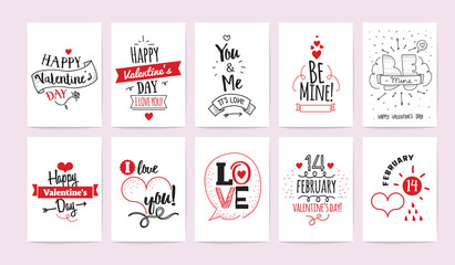 Valentines Day greeting cards. 10 vectorss set. Hand drawn and typographic vintage design.
