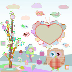 Set of nature elements: owls and birds on branches and tree. vector