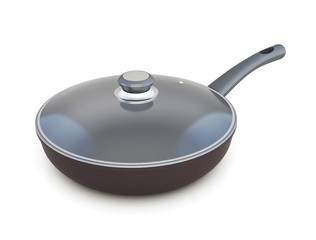 Frying pan with lid on a white background. 3D illustration.