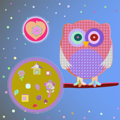 Invitation card - owls in love sitting on the branch, vector illustration