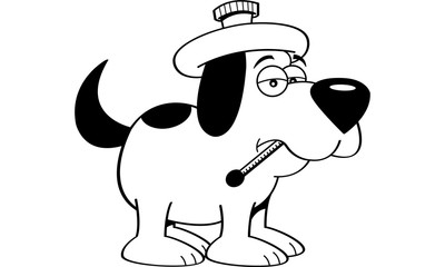 Black and white illustration of a sick dog with a thermometer.