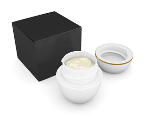 Box with an open jar of cream. 3d rendering.
