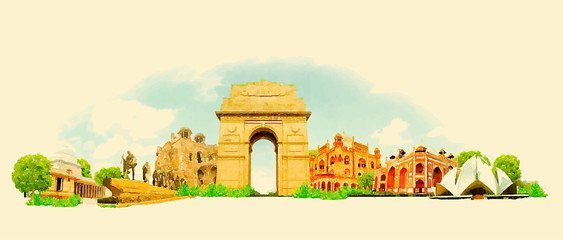 vector watercolor DELHI city illustration - obrazy, fototapety, plakaty