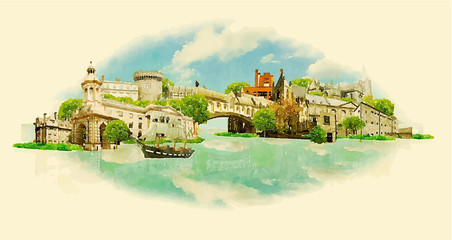 vector watercolor DUBLIN city illustration
