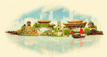 Vektor Aquarell HONK KONG Stadtillustration © trentemollermix