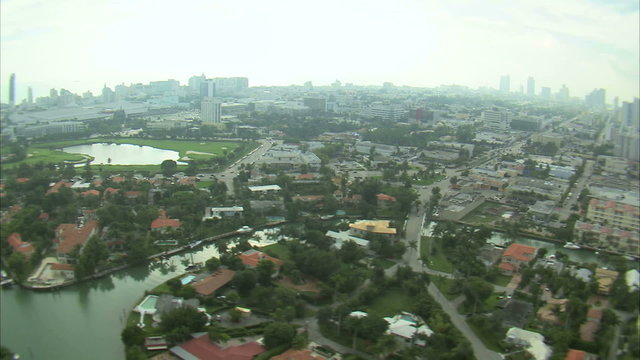 Aerial shot of Miami houses and buildings.