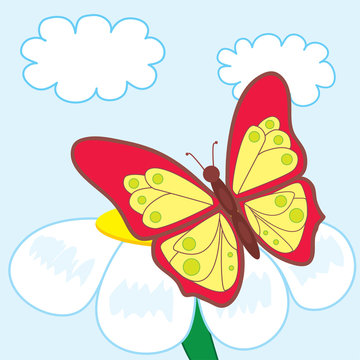 Cartoon butterfly on beautiful flower.
