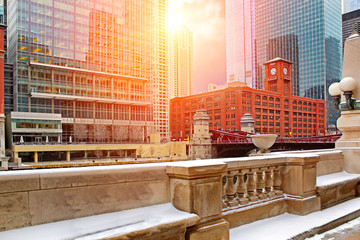 Chicago downtown riverfront, office buildings and river at sunset