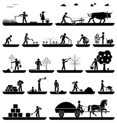 Set of pictogram icons presenting agricultural work and life on