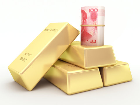 Chinese yuan banknote roll and gold bars