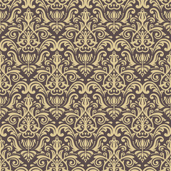 Damask seamless ornament. Traditional vector brown and golden pattern. Classic oriental background