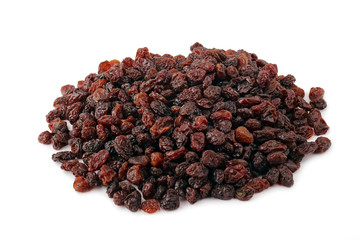 Scattering of dark raisin on a white background.