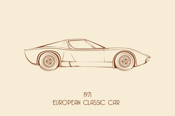 European vintage classic sports car, silhouettes, outlines, contours.
