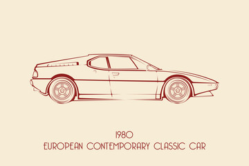 European vintage classic sports car, silhouettes, outlines, contours.