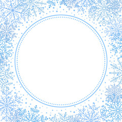 Winter vector frame with blue arabesques and snowflakes. Fine greeting card