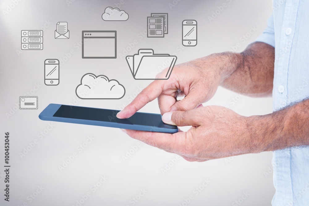 Poster composite image of a man using tablet computer