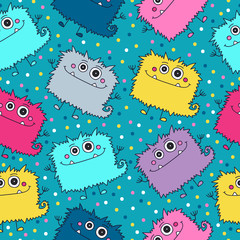 Cute monsters. Seamless pattern with fun doodle monsters. Colorful vector background for kids.