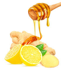 ginger with lemon and honey isolated on white background