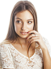 Fototapeta premium young pretty caucasian woman spa isolated on white close up smiling charming adorable with teeth happy