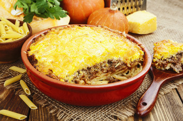 Casserole with pasta, minced meat and pumpkin