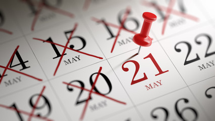 May 21 written on a calendar to remind you an important appointm