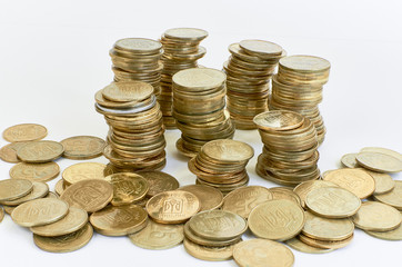 golden coins isolated on white. Ukrainian coins