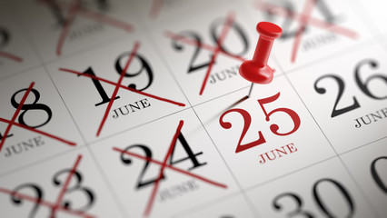 June 25 written on a calendar to remind you an important appoint