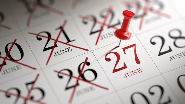 June 27 written on a calendar to remind you an important appoint